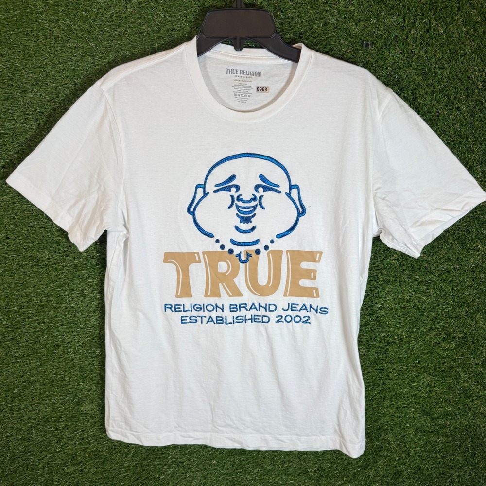 True Religion Mens White Buddha Graphic T Shirt Medium Short‎ Sleeve Cotton
